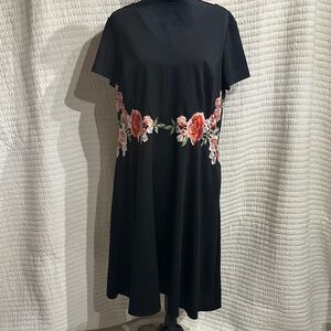 Melrose Social Plus Size Black V Neck Midi Dress with Floral Accents Size 16W